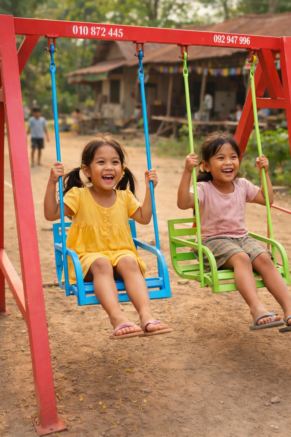 Two smiling young girls swing side by side on colorful blue and green seats in a sunny outdoor playground.