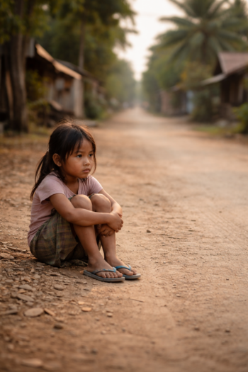 Young girl sits on a dusty rural road, arms wrapped around her knees, gazing pensively into the distance as evening light falls on a village street.