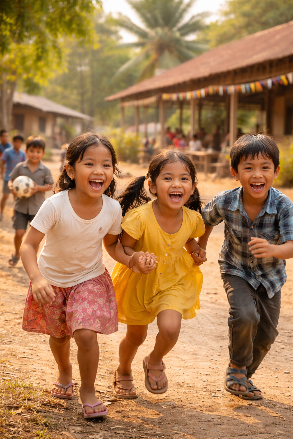 Three smiling children run hand‑in‑hand down a dusty village road, with thatched huts and palm trees in the background.